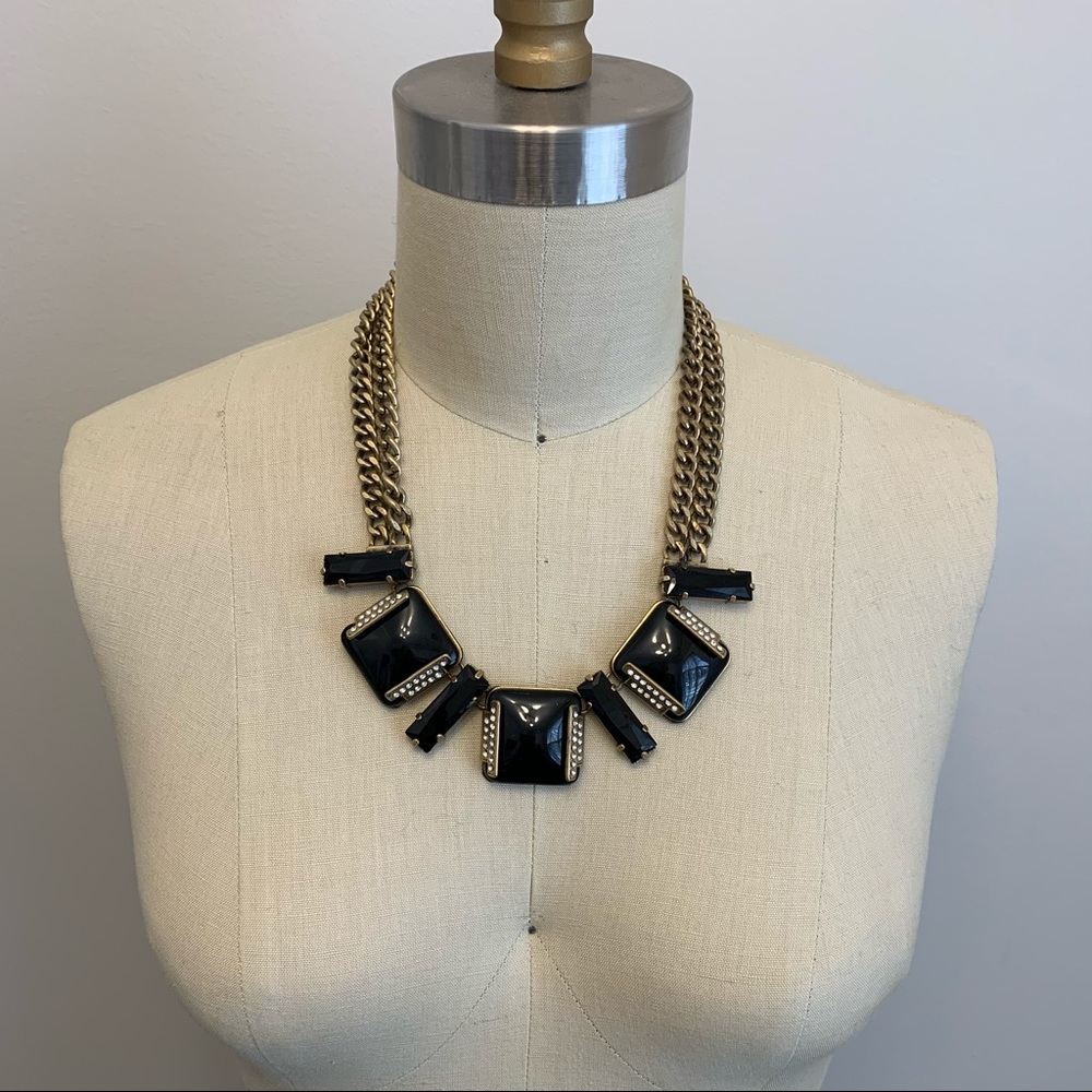 J Crew Black & Gold Rhinestone Statement Necklace